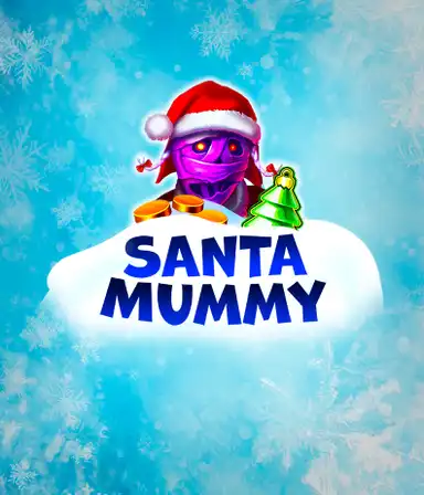 Experience the whimsical "Santa Mummy" slot game by Belatra, featuring a mummified Santa decked out in festive holiday attire. This colorful image captures the mummy with a bright purple hue, wearing a Santa hat, surrounded by snowy blue and icy snowflakes. The game's title, "Santa Mummy," is prominently displayed in large, cool blue letters.