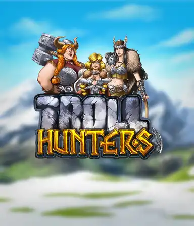 Enter the realm of "Troll Hunters," where fierce Viking warriors prepare to battle their foes. The logo displays a male and female Viking, equipped with weapons, overlooking a frosty mountainous backdrop. They emanate bravery and might, symbolizing the essence of the game's adventurous theme.